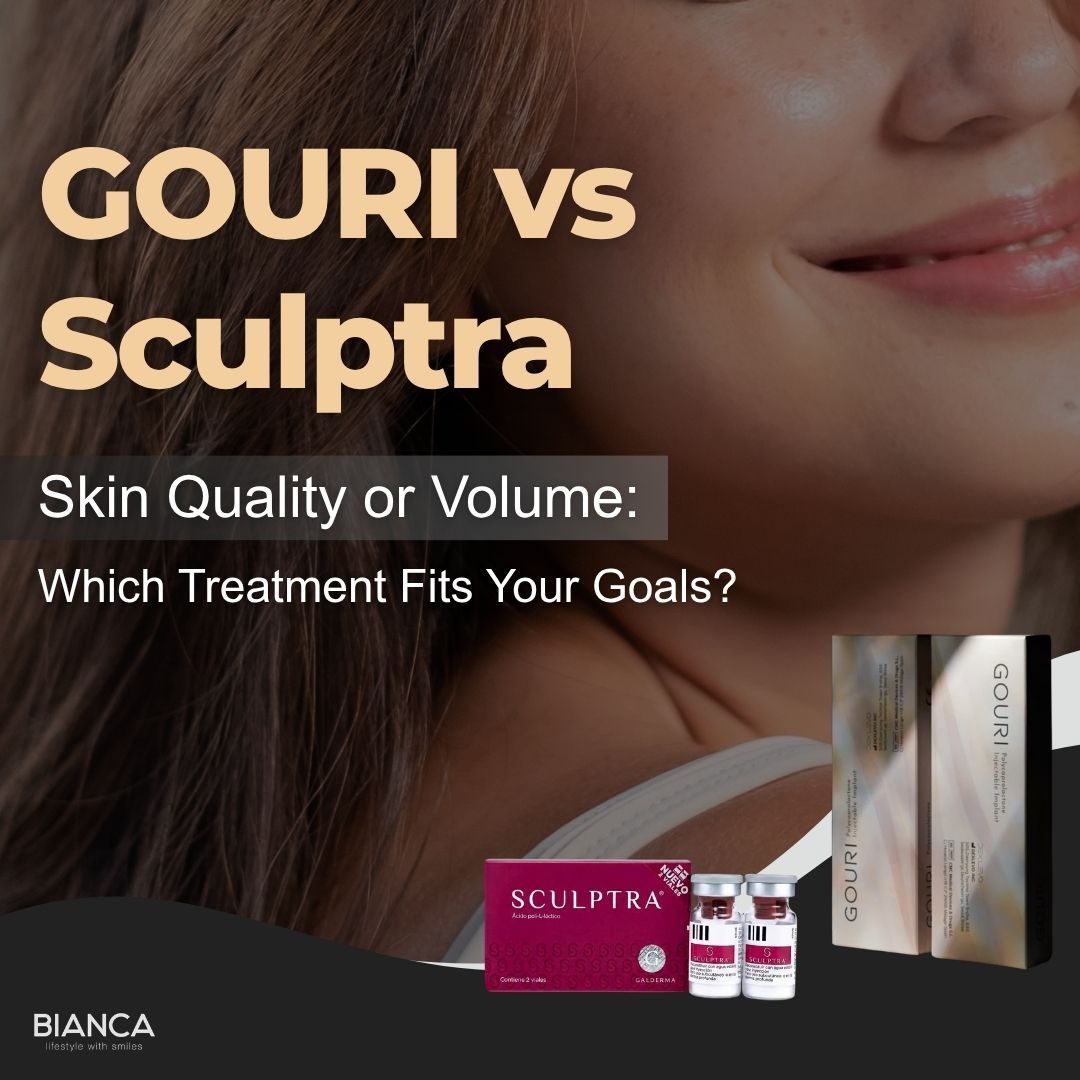 BIANCA CLINIC's comparison guide on GOURI vs Sculptra, explaining skin quality versus volume benefits.