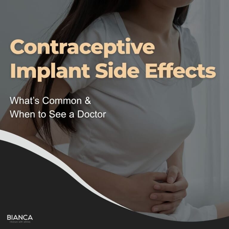 Woman holding her abdomen with text "Contraceptive Implant Side Effects: What's Common & When to See a Doctor"