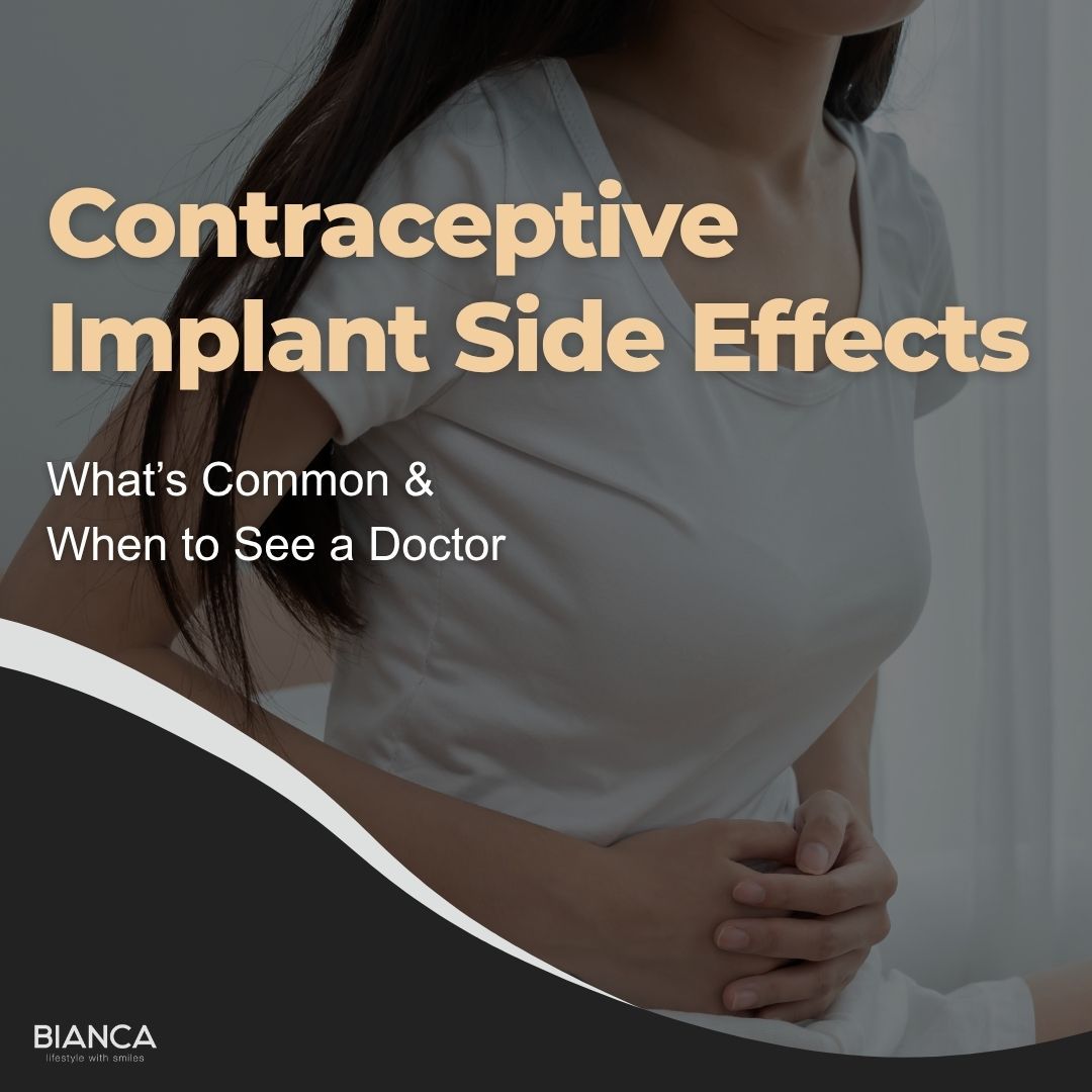 Woman holding her abdomen with text "Contraceptive Implant Side Effects: What's Common & When to See a Doctor"