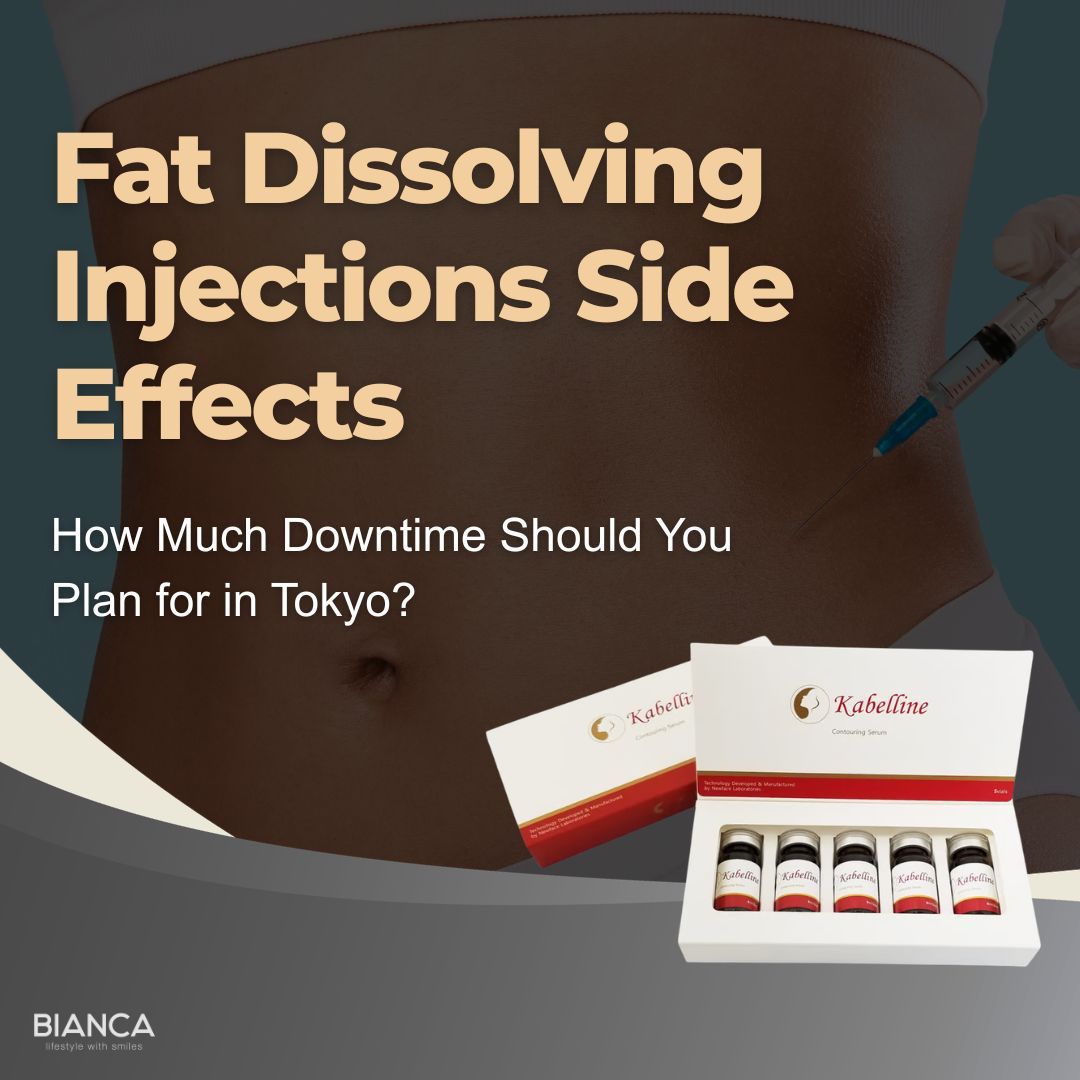 Person's midsection during a fat dissolving procedure with Kabelline product boxes and text "Fat Dissolving Injections Side Effects: How Much Downtime Should You Plan for in Tokyo?"