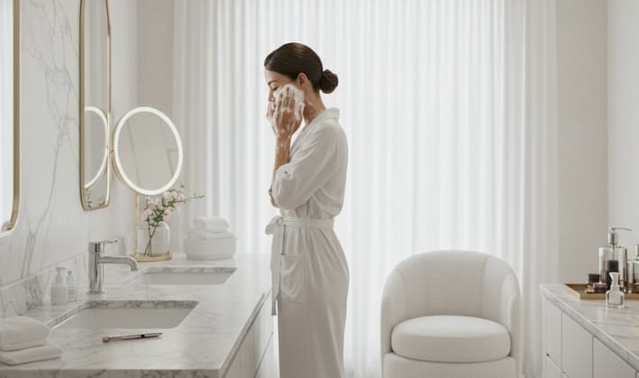 a woman washing her face