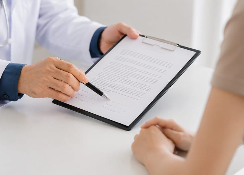 A counseling session involving the use of documents.