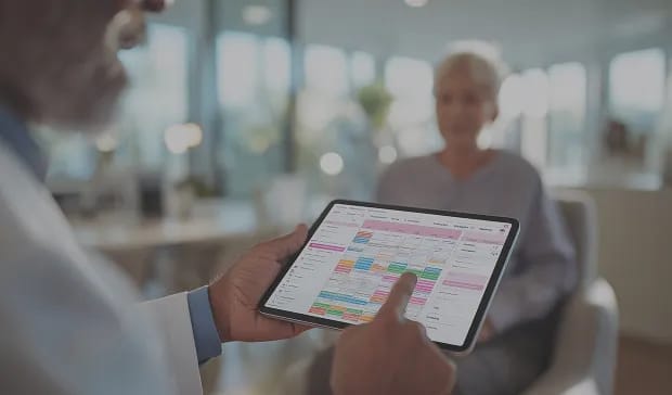 Medical professional reviewing patient records on a tablet during a clinical consultation